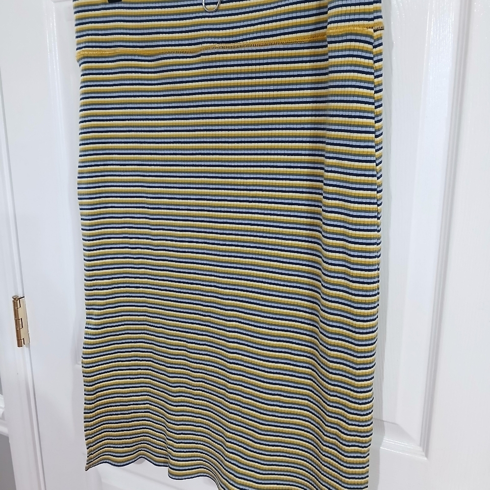 Aerie Yellow and Blue Striped Ribbed Knit Textured Midi Pencil Skirt Vacation - Picture 7 of 7